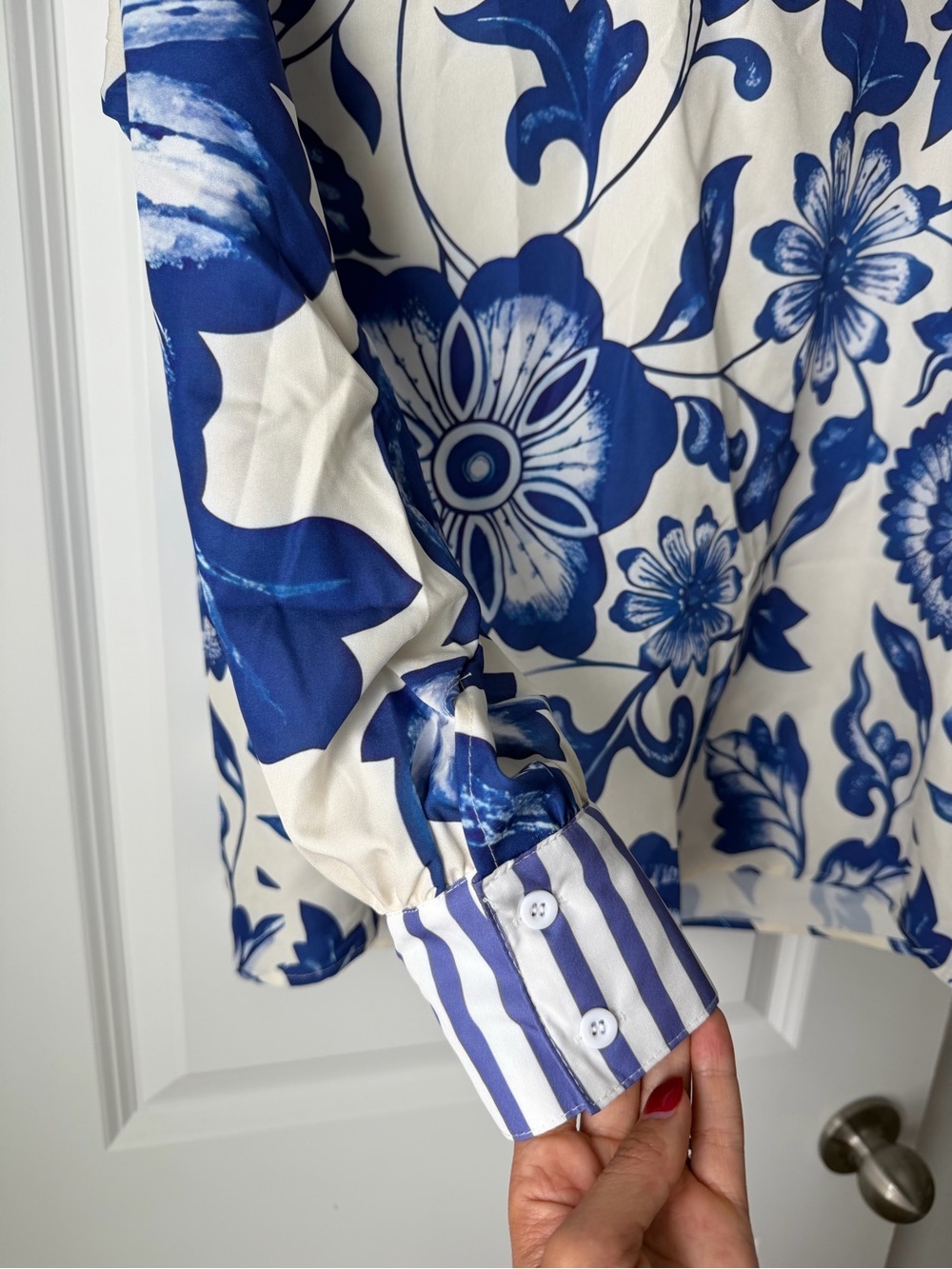 Blue & White Floral Button Shirt w/ Striped Collar and Cuffs - Picture 4 of 6